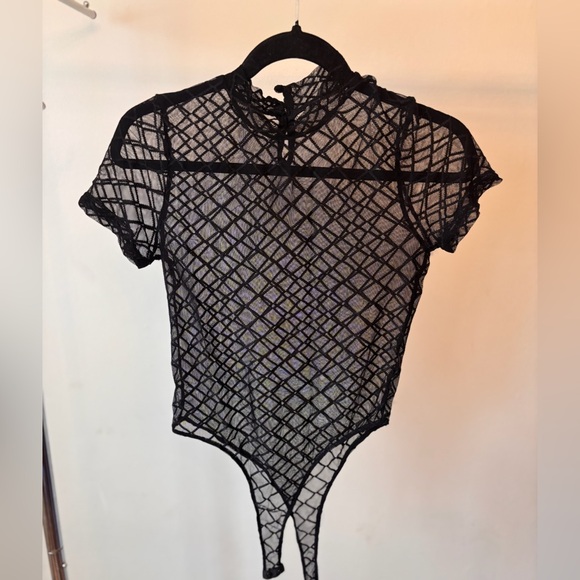 Tops - Sold Sheer Black Short-Sleeve Mesh Bodysuit Top